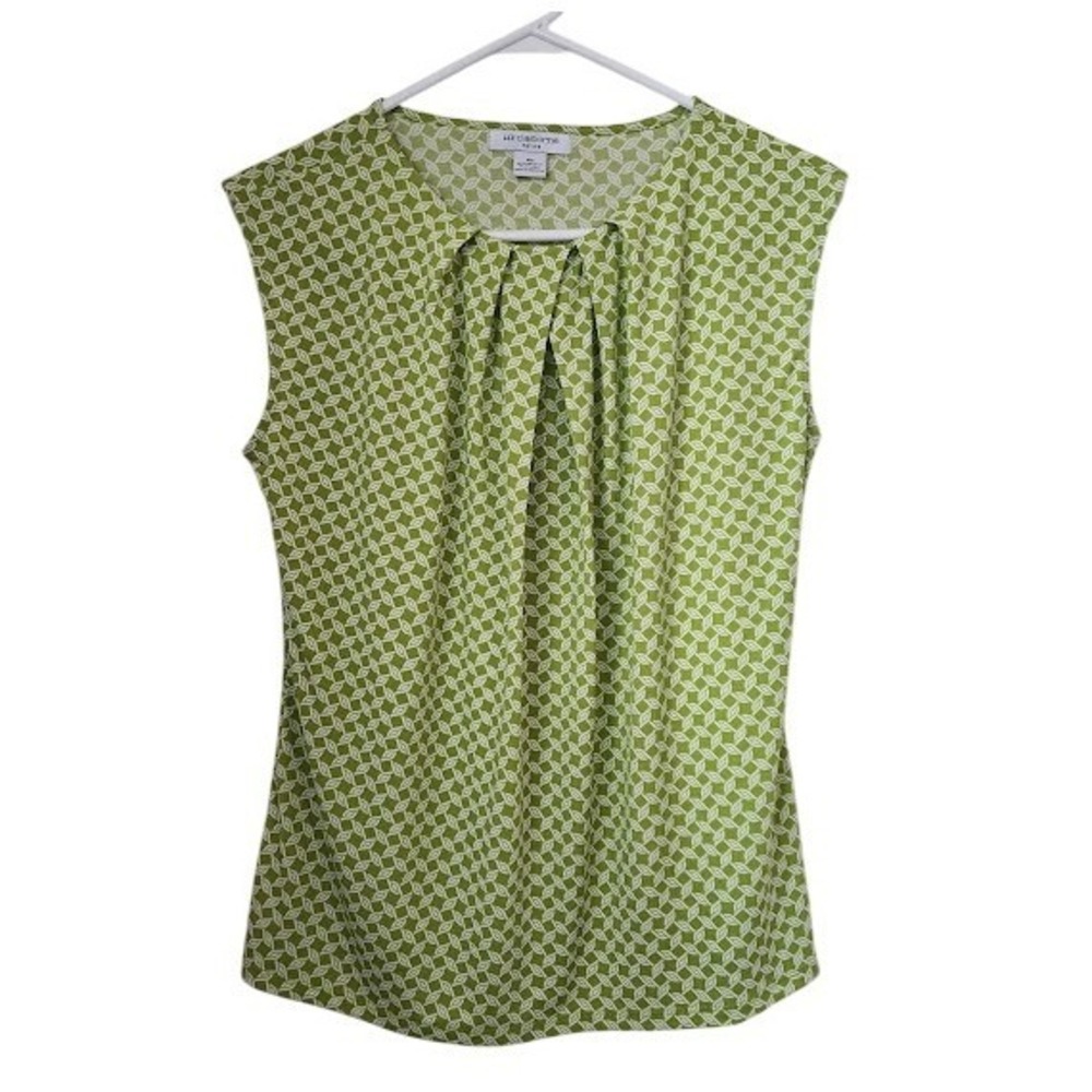 Liz Claiborne Petite Green White Geometric Pleated Neck Sleeveless Blouse PM 202
